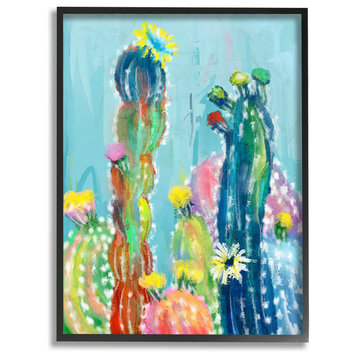 Bold Bright Blue Abstract Cacti Painting Oversized Framed Giclee, 16"x20"