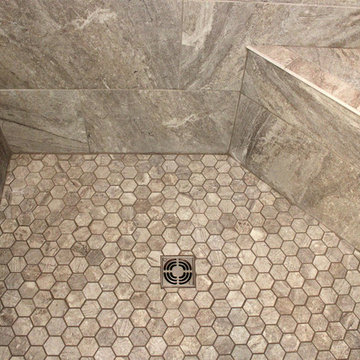 Cherry Onyx Vanity with Cambria Bellingham Countertops and Gray Tiled Shower