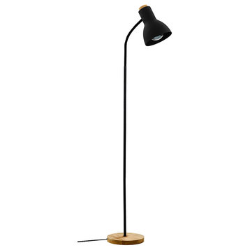 Verdal 1-Light Floor Lamp, Black Finish, Wood Accents, Black Metal Shade
