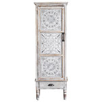 Homary - Distressed White Wood Display Cabinet, Storage Curio Accent Door Cabinet - With shelves, cabinet and drawers, this storage cabinet brings a shabby chic charm to any space with delicate carved patterns. The enclosed storage area has a single door with three decorative metal stamped panels. The hidden storage has three open spaces equally divided by two shelves. In addition to the cabinet storage, this rustic piece has one pull-out drawer at the base. The top are perfect for displaying decorative accents. An elegant and gorgeous piece with understated beauty to your home space!