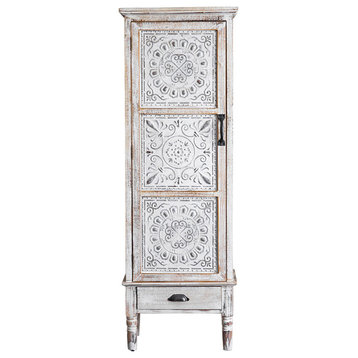 Distressed White Wood Display Cabinet, Storage Curio Accent Door Cabinet