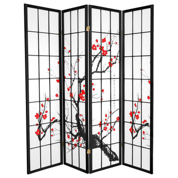 Classic Room Divider, Paper Screens With Cherry Tree Painting, Black, 4 Panels