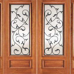 Mahogany Prehung Double Door Two Sidelites, Leaf design Ironwork Glass - Front Doors
