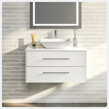 Totti Wave 30 inch White Modern Bathroom Vanity with White Glassos Countertop an