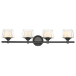 Innovations Lighting - Innovations 311-4W-BK-CLW 4-Light Bath Vanity Light, Black - Innovations 311-4W-BK-CLW 4-Light Bath Vanity Light Black. Style: Retro, Art Deco. Metal Finish: Black. Metal Finish (Canopy/Backplate): Black. Material: Cast Brass, Steel, Glass. Dimension(in): 7. 25(H) x 33(W) x 7. 5(Ext). Bulb: (4)60W G9,Dimmable(Not Included). Maximum Wattage Per Socket: 60. Voltage: 120. Color Temperature (Kelvin): 2200. CRI: 99. Lumens: 450. Glass Shade Description: White Inner and Clear Outer Laguna Glass. Glass or Metal Shade Color: White and Clear. Shade Material: Glass. Glass Type: Frosted. Shade Shape: Bowl. Shade Dimension(in): 6(W) x 3. 5(H). Backplate Dimension(in): 5. 25(Dia) x 1(Depth). ADA Compliant: No. California Proposition 65 Warning Required: Yes. UL and ETL Certification: Damp Location.