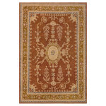 Bareens Designer Rugs - Southwestern Heriz Ziegler Madlyn Brown Gold Hand-Knotted Rug - 8'1'' x 11'8'' - Enhance the ambiance of your home with this magnificent Persian-influenced Turkish hand-knotted rug made by skilled artisans capable of creating the most exceptional vegetable dyes and hand-spun wool. This exquisite handmade rug is a one-of-a-kind Peshawar Kafkaz, otherwise identified as Chobi, Chobi Peshawar, Oushak, or Ziegler rug. These handmade rugs are crafted in Pakistan utilizing superior-quality wool imported from Australia, New Zealand, and Korea in two types of weaves: the Persian weave and the Mori weave. This rug is meticulously crafted by hand using the finest natural vegetable dyes extracted from local plants. The artisans use a blend of hand-spun local and fine merino wool, resulting in a rug with a compelling texture, higher lanolin content, and longer staple. The artisans occasionally incorporate natural or artificial silk into the pile to enhance specific motifs. The finished product is an awe-inspiring execution of flawless design and an understated palette that exudes elegance.