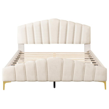 Elegant Platform Bed, Gold Feet & Channel Tufted Velvet Arched Headboard, Beige, Beige