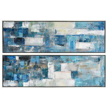 Set of 2 Blue and White Color Block Acrylic Paintings on Canvas for Modern