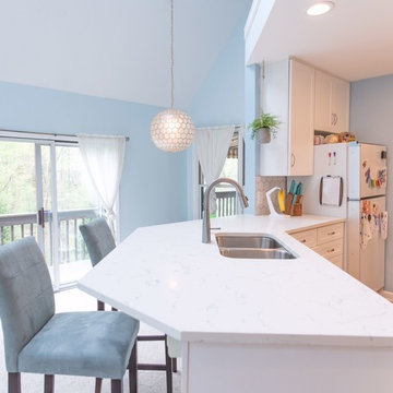 cabinet refacing--white shaker, quartz countertop, hexagon splash
