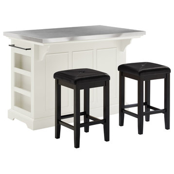 Julia Stainless Steel Top Island With Upholstered Square Counter Height Stools