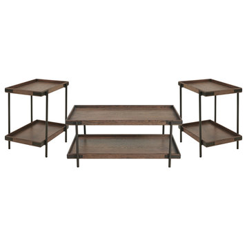 Kyra 3-Piece Oak and Metal Living Room Set, Two Side Tables and Coffee Table