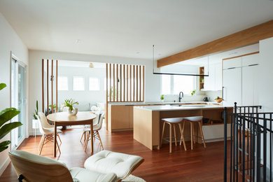 Eat-in kitchen - mid-sized scandinavian l-shaped medium tone wood floor eat-in kitchen idea in Boston with an undermount sink, flat-panel cabinets, light wood cabinets, quartz countertops, paneled appliances, an island and white countertops