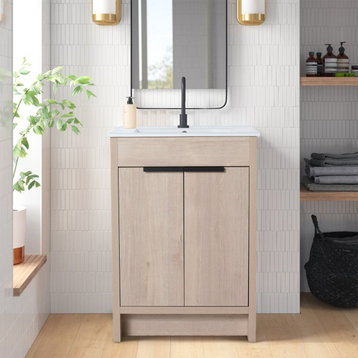 Freestanding Bathroom Vanity, Light Oak, 24 in, With White Ceramic Sink