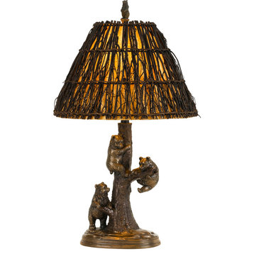 150W Bear Resin Table Lamp, Cast Bronze Finish, Twig Shade
