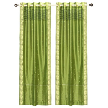 olive green Hand Crafted Grommet Top  Sheer Sari Curtain / Drape / Panel-Piece
