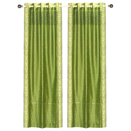 Lined-Forest Green Hand Crafted Grommet Sheer Sari Curtain Drape Panel -Piece