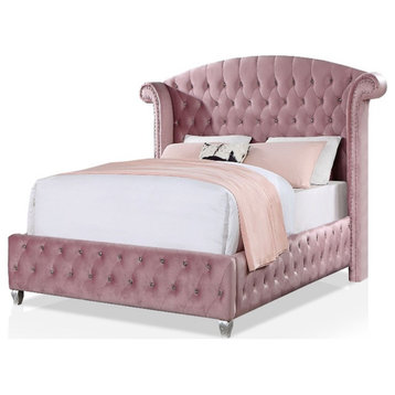 Furniture of America Cyndi Glam Fabric Wingback Pink Twin Bed with Care Kit