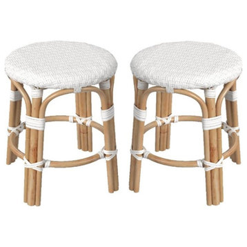 Home Square 18" Rattan Round Bar Stool in White Finish - Set of 2