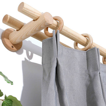 QYT03 1-1/8" Ash Wood Ball Bracket Single Double Curtain Rod Sets