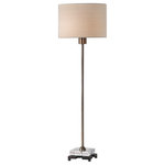 Uttermost - Danyon Table Lamp - This simple, contemporary table lamp features clean lines and a versatile style. The iron base is finished in a plated antique brass, displayed on a thick crystal block and a cast iron foot. The round hardback drum shade is a beige linen fabric with light slubbing.