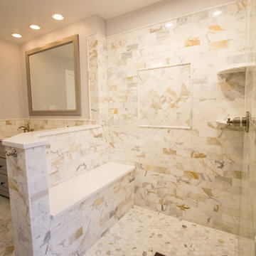 Large Custom Shower with Marble Subway Tiles