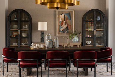 Mid-sized transitional porcelain tile, gray floor and wallpaper ceiling enclosed dining room photo in Phoenix with gray walls