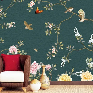 Chinoiserie Wall Mural with Birds and Flowers