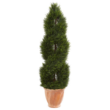 4.5' Double Pond Cypress Topiary Artificial Tree, Terracotta Planter