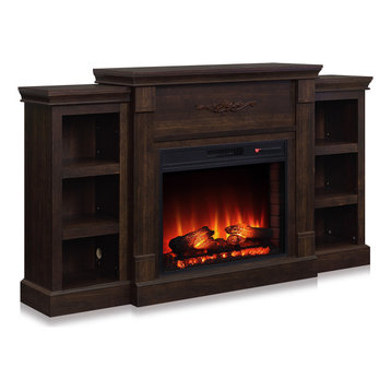 Freestanding Electric Fireplace Bookshelves with 28" Fireplace, Brown