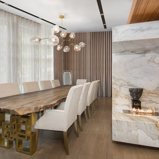 マイアミの広いコンテンポラリースタイルのLDKの画像 (濃色無垢フローリング、マルチカラーの壁、両方向型暖炉、石材の暖炉まわり)