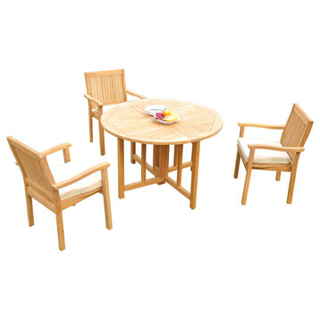 4-Piece Outdoor Teak Dining Set: 48" Butterfly Table, 3 Leveb Stacking Arm Chair