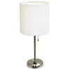 LimeLights Silver Metal Stick Lamp w/ Power Outlet with White Shade