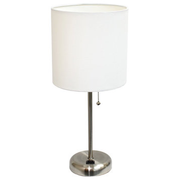 LimeLights Silver Metal Stick Lamp w/ Power Outlet with White Shade