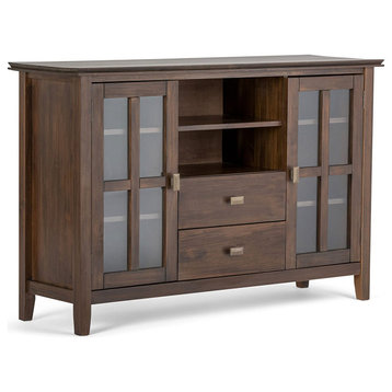 Contemporary TV Stand, Pine Wood Frame With Glass Doors, Natural Aged Brown
