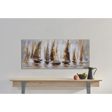 "Gold Sail Boats" Hand Painted Canvas Art, 55"x27.5" - Wrapped Canvas Painting