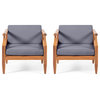 Bianca Outdoor Acacia Wood Club Chairs with Cushions, Teak Finish and Dark Gray, Set of 2