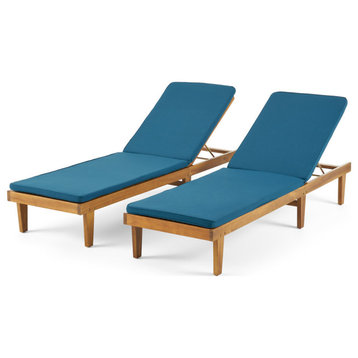 Nancy Oudoor Modern Wood Chaise Lounge With Cushion, Set of 2, Teak/Blue