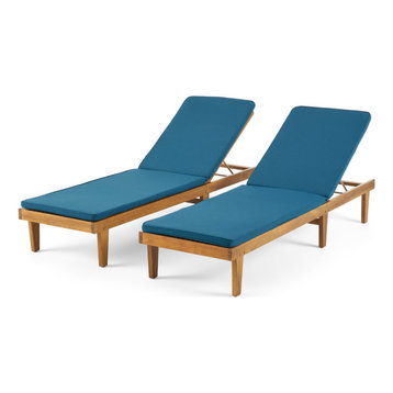 Nancy Oudoor Modern Wood Chaise Lounge With Cushion, Set of 2, Teak/Blue