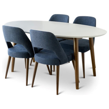 Kylie 5-Piece Mid-Century Oval Dining Set w/ 4 Fabric Dining Chairs in Blue