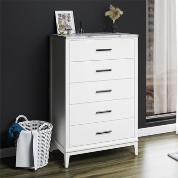 Contemporary Dresser, White Faux Marble Top & 5 Drawers With Metal Pulls, White