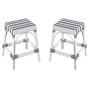 Home Square 24.5" Rattan Counter Stool in White & Navy Stripe - Set of 2
