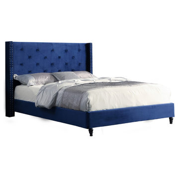 Valentina Upholstered Velvet Wingback Platform Bed, Blue, Queen