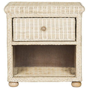 Coastal Nightstand, Rattan Frame With Lower Shelf and Upper Drawer, White Wash