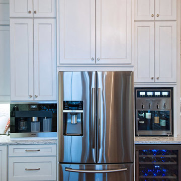 Traditional White Kitchen with Retro Stove and Beverage Center