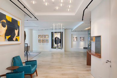 Mid-sized trendy light wood floor and beige floor entryway photo in Other with white walls and a white front door