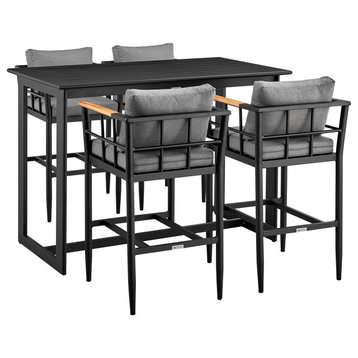 Wiglaf Outdoor Patio 5 Piece Bar Table Set, Aluminum With Grey Cushions