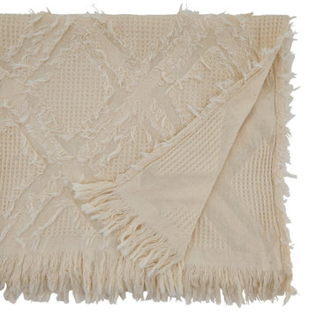 Waffle Weave Table Runner With Fringe Design, Ivory, 16"x72"