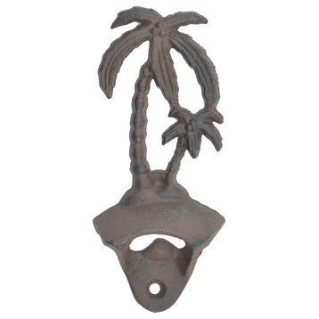 Wall Mount Bottle Opener, Palm Trees, Distressed Brown Cast Iron, 6"