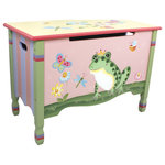 Teamson Kids - Kids Magic Garden Toy Chest Organizer - Brighten your child's play area while keeping it organized and clutter-free with the Fantasy Fields Magic Garden Kids Wooden Toy Storage Chest. This multicolor wooden toy chest comes decorated with a magical forest display featuring flowers, a smiling frog adorned with a crown, and other friendly forest creatures for a whimsical playroom storage solution. The chest's large main compartment contains ample space for your little one's toys, craft supplies, clothes, and more. As a versatile addition to your child's bedroom or play area, this storage chest can also function as seating or a work surface to provide a great low table for all playtime needs. Purchase this bench on its own or with other items from the Magic Garden collection for a bright and joyful playroom. Constructed of sturdy wood that can support up to 150 lbs., two child-friendly safety hinges, and a cutout below the lid for little fingers, this toy chest is designed for safe, long-lasting use. For convenient upkeep, the storage chest's easy-to-clean surfaces make wiping up any spills a breeze. The Fantasy Fields Magic Garden Kids Wooden Toy Storage Chest measures 31.3" x 15.4" x 21.4" and is recommended for children ages 3 years and up.