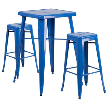 23.75" Blue Metal Bar 3-Piece Table Set With 2 Seat Backless Stools